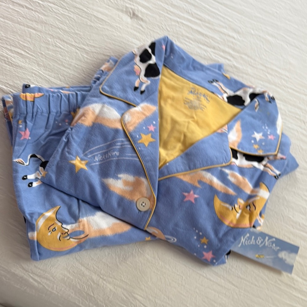 Nick & Nora Blue Pajama Set with Moon and Cow Print
